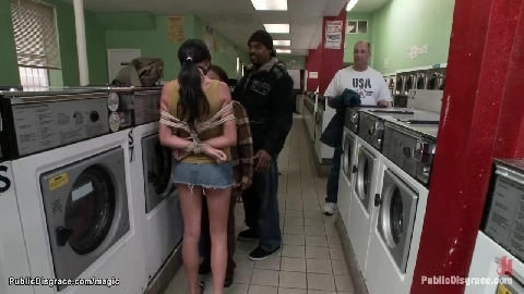 Bound teen fucked at laundromat