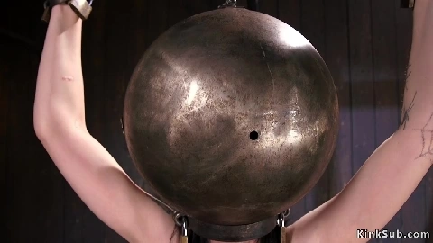 Shaved slut with hands and head in metal balls