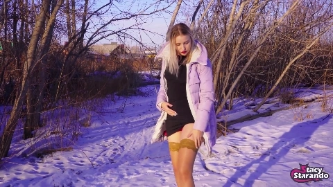 Girl in Down Jacket Masturbates Outdoors in Winter - Alice Novak